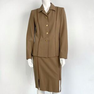 Gianfranco Ferre Tan Wool Blend Leather Trim Skirt Suit Sz 8
